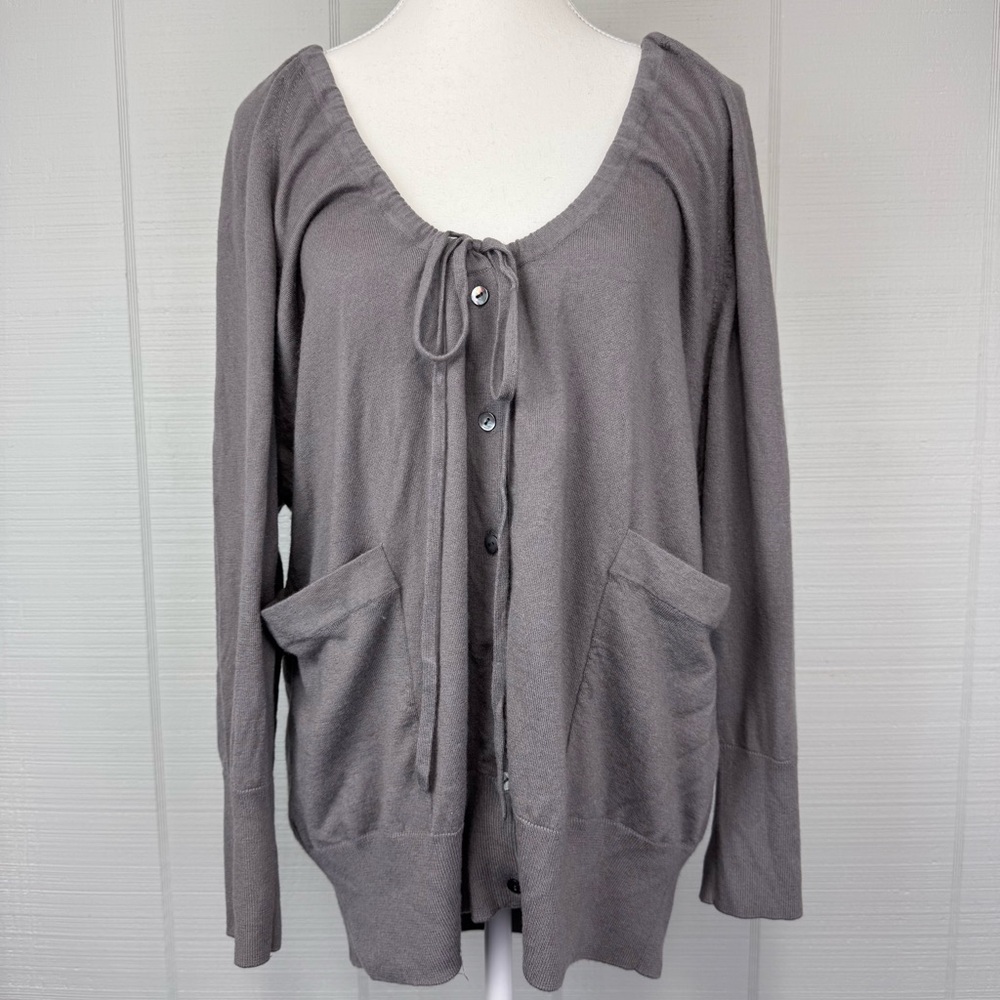 Demylee Gray Cashmere Button Up Cardigan Drawstring Tie Front Bow Scoop Neck L